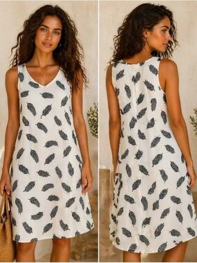 H&M| White Sleeveless Lightweight V-Neck Black Feather Print Sheath Dress Sz 6